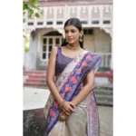 Women's Faux_Tussar Floral Jal With Patola Print Saree With Unstitched Blouse 5.5Mtr (Blue) - Image 3