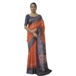 Women's Faux_Tussar Ikat Saree With Unstitched Blouse 5.5Mtr (Orange) - Image 3