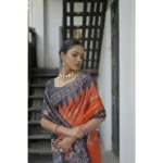 Women's Faux_Tussar Ikat Saree With Unstitched Blouse 5.5Mtr (Orange) - Image 2