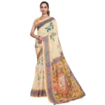 Women's Linen Floral Printed Saree With Unstitched Blouse 5.5Mtr (Beige) - Image 4