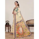 Women's Linen Floral Printed Saree With Unstitched Blouse 5.5Mtr (Beige)