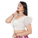 Women's Jimmy Solid Designer Neck Elastic Sleeve Readymade Blouse (White 38 , Alterable up to 42)-PID65836 - Image 2