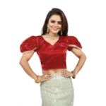 Women's Jimmy Solid V Neck Puff Sleeve Readymade Blouse (Red 38 , Alterable up to 42)-PID65844