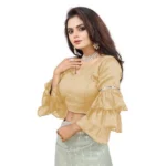 Women's Organza Solid V Neck Layered Ruffle Sleeve Readymade Blouse (Beige Free Size , up to 38–40 Bust)-PID65847 - Image 2