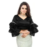 Women's Organza Solid V Neck Layered Ruffle Sleeve Readymade Blouse (Black Free Size , up to 38–40 Bust)-PID65848 - Image 4