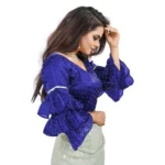 Women's Organza Solid V Neck Layered Ruffle Sleeve Readymade Blouse (Blue Free Size , up to 38–40 Bust)-PID65849 - Image 2