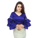 Women's Organza Solid V Neck Layered Ruffle Sleeve Readymade Blouse (Blue Free Size , up to 38–40 Bust)-PID65849 - Image 4