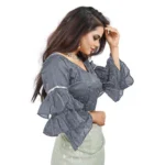 Women's Organza Solid V Neck Layered Ruffle Sleeve Readymade Blouse (Grey Free Size , up to 38–40 Bust)-PID65851 - Image 2
