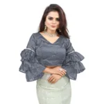Women's Organza Solid V Neck Layered Ruffle Sleeve Readymade Blouse (Grey Free Size , up to 38–40 Bust)-PID65851 - Image 4