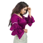 Women's Organza Solid V Neck Layered Ruffle Sleeve Readymade Blouse (Magenta Free Size , up to 38–40 Bust)-PID65853 - Image 2