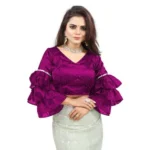 Women's Organza Solid V Neck Layered Ruffle Sleeve Readymade Blouse (Magenta Free Size , up to 38–40 Bust)-PID65853 - Image 4
