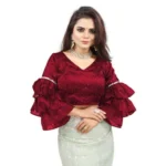 Women's Organza Solid V Neck Layered Ruffle Sleeve Readymade Blouse (Maroon Free Size , up to 38–40 Bust)-PID65854 - Image 4