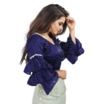 Women's Organza Solid V Neck Layered Ruffle Sleeve Readymade Blouse (Navy Free Size , up to 38–40 Bust)-PID65855 - Image 3