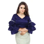 Women's Organza Solid V Neck Layered Ruffle Sleeve Readymade Blouse (Navy Free Size , up to 38–40 Bust)-PID65855 - Image 4