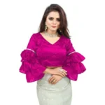 Women's Organza Solid V Neck Layered Ruffle Sleeve Readymade Blouse (Pink Free Size , up to 38–40 Bust)-PID65856 - Image 3