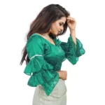 Women's Organza Solid V Neck Layered Ruffle Sleeve Readymade Blouse (Rama Free Size , up to 38–40 Bust)-PID65857 - Image 2