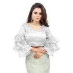 Women's Organza Solid V Neck Layered Ruffle Sleeve Readymade Blouse (White Free Size , up to 38–40 Bust)-PID65859 - Image 4