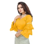 Women's Organza Solid V Neck Layered Ruffle Sleeve Readymade Blouse (Yellow Free Size , up to 38–40 Bust)-PID65860 - Image 3