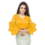 Women's Organza Solid V Neck Layered Ruffle Sleeve Readymade Blouse (Yellow Free Size , up to 38–40 Bust)-PID65860 - Image 4