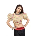 Women's Organza Printed V Neck Puff Sleeve Readymade Blouse (Beige 38 , Alterable up to 42)-PID65861 - Image 4