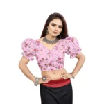 Women's Organza Printed V Neck Puff Sleeve Readymade Blouse (Light_Pink 38 , Alterable up to 42)-PID65864 - Image 4