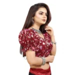 Women's Organza Printed V Neck Puff Sleeve Readymade Blouse (Maroon 38 , Alterable up to 42)-PID65866 - Image 2