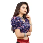 Women's Organza Printed V Neck Puff Sleeve Readymade Blouse (Navy 38 , Alterable up to 42)-PID65868 - Image 2
