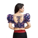 Women's Organza Printed V Neck Puff Sleeve Readymade Blouse (Navy 38 , Alterable up to 42)-PID65868 - Image 3