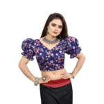 Women's Organza Printed V Neck Puff Sleeve Readymade Blouse (Navy 38 , Alterable up to 42)-PID65868 - Image 4