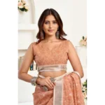 Women's Faux Linen Floral Print Ready to wear Saree With Unstitched Blouse 5.5Mtr (Peach) - Image 2