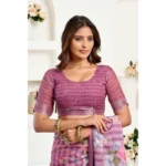 Women's Faux Linen Floral Print Ready to wear Saree With Unstitched Blouse 5.5Mtr (Pink) - Image 2