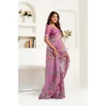 Women's Faux Linen Floral Print Ready to wear Saree With Unstitched Blouse 5.5Mtr (Pink) - Image 3