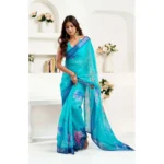 Women's Faux Linen Floral Print Ready to wear Saree With Unstitched Blouse 5.5Mtr (Light_AquaBlue) - Image 3