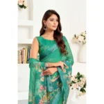 Women's Faux Linen Floral Ready to wear Saree With Unstitched Blouse 5.5Mtr (Green) - Image 2
