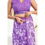 Women's Faux Linen Floral Print Ready to wear Saree With Unstitched Blouse 5.5Mtr (Purple) - Image 2