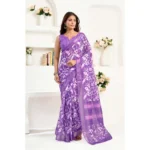 Women's Faux Linen Floral Print Ready to wear Saree With Unstitched Blouse 5.5Mtr (Purple) - Image 3