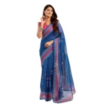 Women's Faux Linen Floral Print Ready to wear Saree With Unstitched Blouse 5.5Mtr (Blue) - Image 5