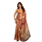 Women's Faux Linen Geometric Print Ready to wear Saree With Unstitched Blouse 5.5Mtr (Brown) - Image 5