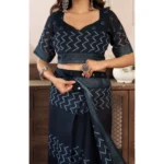 Women's Faux Linen Geometric Print Ready to wear Saree With Unstitched Blouse 5.5Mtr (Black) - Image 2
