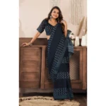 Women's Faux Linen Geometric Print Ready to wear Saree With Unstitched Blouse 5.5Mtr (Black) - Image 3