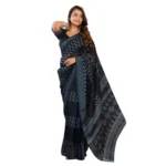 Women's Faux Linen Geometric Print Ready to wear Saree With Unstitched Blouse 5.5Mtr (Black) - Image 5
