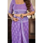 Women's Faux Linen Floral Ready to wear Saree With Unstitched Blouse 5.5Mtr (Lavender) - Image 2