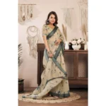 Women's Faux Linen Floral Print Ready to wear Saree With Unstitched Blouse 5.5Mtr (LightBeige) - Image 3
