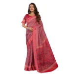 Women's Faux Linen Geometric Print Ready to wear Saree With Unstitched Blouse 5.5Mtr (Red) - Image 5
