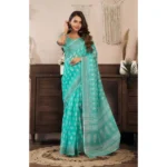 Women's Faux Linen Leaf Print Ready to wear Saree With Unstitched Blouse 5.5Mtr (SeaGreen) - Image 3