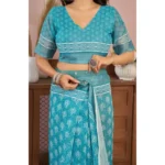 Women's Faux Linen Floral Print Ready to wear Saree With Unstitched Blouse 5.5Mtr (AquaBlue) - Image 2