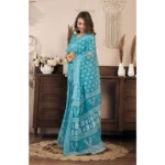 Women's Faux Linen Floral Print Ready to wear Saree With Unstitched Blouse 5.5Mtr (AquaBlue) - Image 3