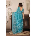 Women's Faux Linen Floral Print Ready to wear Saree With Unstitched Blouse 5.5Mtr (AquaBlue) - Image 4