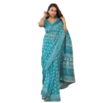 Women's Faux Linen Floral Print Ready to wear Saree With Unstitched Blouse 5.5Mtr (AquaBlue) - Image 5