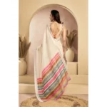 Women's Faux Linen Floral Print Ready to wear Saree With Unstitched Blouse 5.5Mtr (Cream) - Image 4